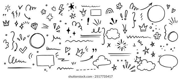 Sketch underline, emphasis, arrow shape set. Hand drawn brush stroke, highlight, speech bubble, underline, sparkle element. Vector illustration