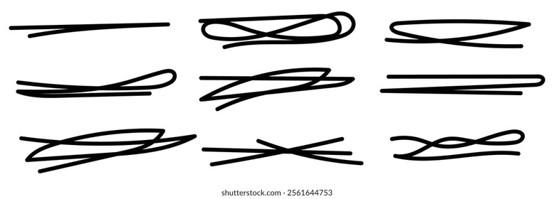 Sketch underline, emphasis, arrow shape set. Hand drawn brush stroke, highlight, speech bubble, underline, sparkle element.