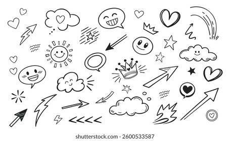 Sketch underline, emphasis, arrow shape set. Hand drawn brush stroke, highlight, speech bubble, underline, sparkle element. Vector illustration.