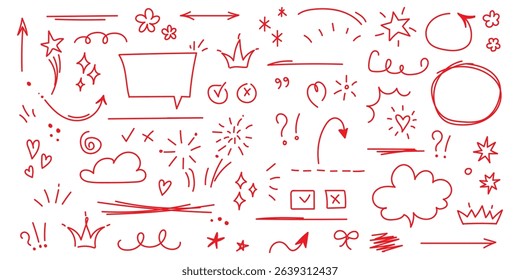 Sketch underline, emphasis, arrow shape set. Hand drawn brush stroke, highlight, speech bubble, underline, sparkle element. Vector illustration.