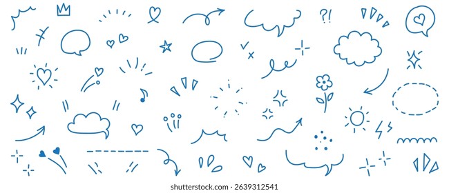 Sketch underline, emphasis, arrow shape set. Hand drawn brush stroke, highlight, speech bubble, underline, sparkle element. Vector illustration. 