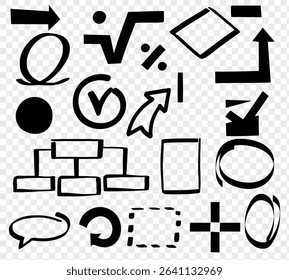 Sketch underline, emphasis, arrow shape set. Hand drawn brush stroke, highlight, speech bubble, underline, sparkle element. Vector illustration, Scribble doodle underline emphasis line shape set.