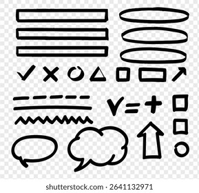 Sketch underline, emphasis, arrow shape set. Hand drawn brush stroke, highlight, speech bubble, underline, sparkle element. Vector illustration, Scribble doodle underline emphasis line shape set.