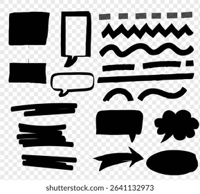 Sketch underline, emphasis, arrow shape set. Hand drawn brush stroke, highlight, speech bubble, underline, sparkle element. Vector illustration, Scribble doodle underline emphasis line shape set.