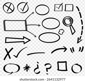 Sketch underline, emphasis, arrow shape set. Hand drawn brush stroke, highlight, speech bubble, underline, sparkle element. Vector illustration, Scribble doodle underline emphasis line shape set.