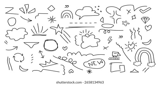 Bosquejar subrayado, énfasis, conjunto de formas de flecha. Conjunto de Vector doodle dibujado a mano. Elementos de estilo de línea de boceto simple. Elementos lindos de la línea de la pluma de la tinta de Doodle aislados en el fondo blanco. Ilustración vectorial.
