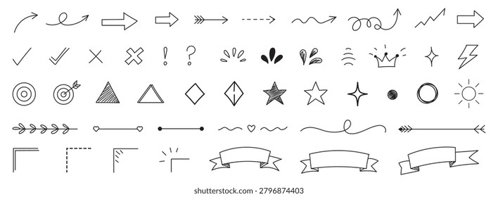 Sketch underline, emphasis, arrow shape set. Hand drawn brush stroke, highlight, speech bubble, underline, sparkle element. Vector illustration.