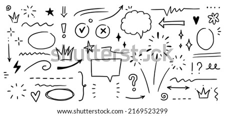 Sketch underline, emphasis, arrow shape set. Hand drawn brush stroke, highlight, speech bubble, underline, sparkle element. Vector illustration.