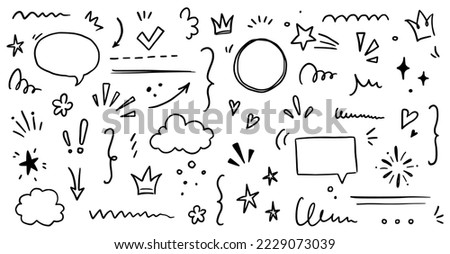 Sketch underline, emphasis, arrow shape set. Hand drawn brush stroke, highlight, speech bubble, underline, sparkle element. Vector illustration.