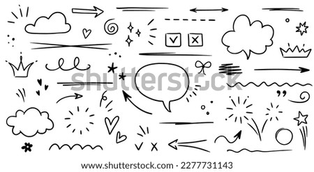 Sketch underline, emphasis, arrow shape set. Hand drawn brush stroke, highlight, speech bubble, underline, sparkle element. Vector illustration