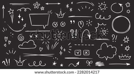 Sketch underline, emphasis, arrow shape set on chalkboard background. Hand drawn brush stroke, highlight, speech bubble, underline, sparkle element. Vector illustration
