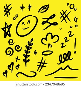 Sketch underline, emphasis, doodles, stars, circles, leaves, plants, curves. Vector illustration.