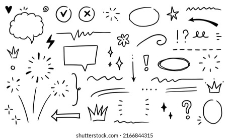 Sketch Underline, Emphasis, Line Shape Set. Hand Drawn Swirl Swoosh, Love, Speech Bubble, Underline Element. Vector Illustration.
