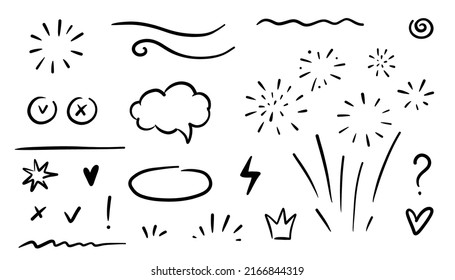 Sketch Underline, Emphasis, Line Shape Set. Hand Drawn Swirl Swoosh, Love, Speech Bubble, Underline Element. Vector Illustration.