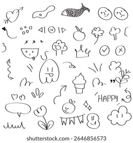 Sketch underline, emphasis, line shape set. Hand drawn swirl swoosh, love, speech bubble, underline element. Vector illustration.