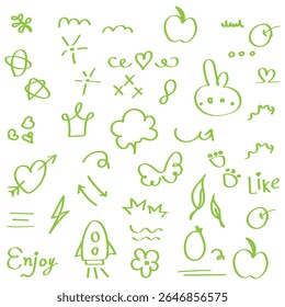 Sketch underline, emphasis, line shape set. Hand drawn swirl swoosh, love, speech bubble, underline element. Vector illustration.