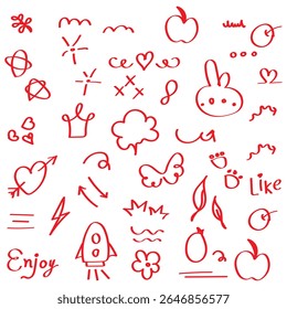 Sketch underline, emphasis, line shape set. Hand drawn swirl swoosh, love, speech bubble, underline element. Vector illustration.