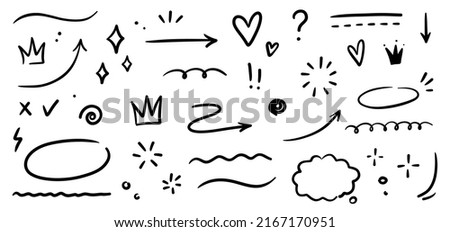 Sketch underline, emphasis, line shape set. Hand drawn swirl swoosh, love, speech bubble, underline element. Vector illustration.