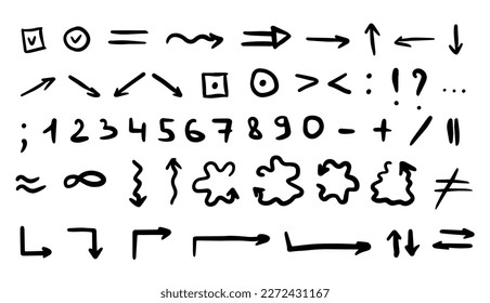 Sketch underline, numbers, symbols, arrow shape set. Hand drawn check mark, brush stroke, highlight, underline, punctuation marks, element. Vector illustration.