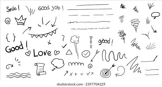 Sketch underline with scribble, line or highlight icon for mark emphasis using brush pen and arrows in doodle hand drawn style. vector illustration. 