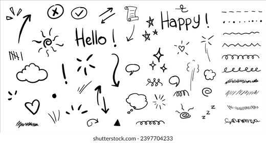 Sketch underline with scribble, line or highlight icon for mark emphasis using brush pen and arrows in doodle hand drawn style. vector illustration. 