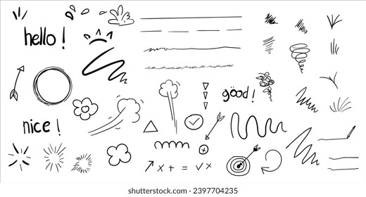 Sketch underline with scribble, line or highlight icon for mark emphasis using brush pen and arrows in doodle hand drawn style. vector illustration. 