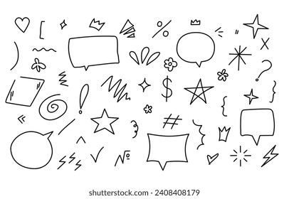 Sketch underline set. Minimalistic creativity and art. Different patterns and strokes. Speech bubbles for comics, stars and exclamation mark. Doodle flat vector collection isolated on white background
