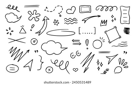 Sketch underlines, emphasis, icons, speech bubbles, arrows and shapes. Hand drawn brush stroke, highlight, underline, sparkle element. Vector illustration on white background