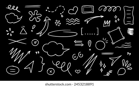 Sketch underlines, emphasis, icons, speech bubbles, arrows and shapes. Hand drawn brush stroke, highlight, underline, sparkle element. Vector illustration on black background