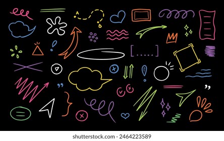 Sketch underlines, emphasis, icons, speech bubbles, arrows and shapes. Hand drawn brush stroke, highlight, underline, sparkle element. Vector illustration on black background