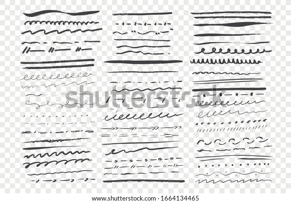 Sketch underlines set. Collection of doodle\
lines on chekered background. Pen brush lines, pencil hand drawn\
strokes. Scribble marker borders. Handmade chalk underline. Vector\
illustration