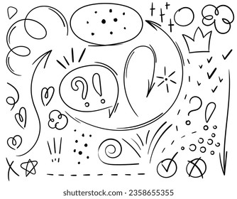 Sketch underlining, accent, arrow shape set. Hand drawn brush stroke, speech bubble, underline, glitter element, stars, heart, texture. selection, vector illustration