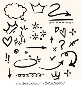 Sketch underlining, emphasis, collection of line shapes. Hand drawn swirl swoosh, love, speech bubble, underline elements. Vector illustration.