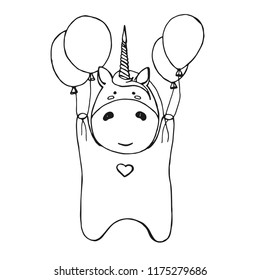 Sketch of unicorn with balloons isolated on white background. Vector illustration