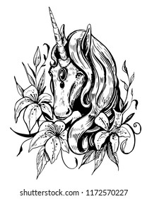Sketch of unicorn with flowers. Hand drawn illustration converted to vector