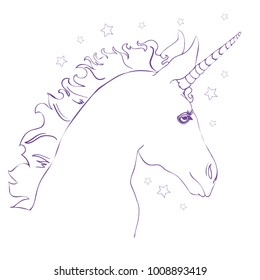 Sketch Unicorn, hand drawn ink illustration.Unicorn horse animal.White mythical horse head with long horn. Mythic symbol of fantasy horse