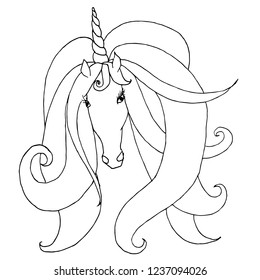 Sketch of unicorn head silhouette with lush mane on white stock vector illustration for web, for print