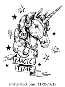 Sketch Of Unicorn With Stars. Hand Drawn Illustration Converted To Vector