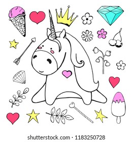 Sketch unicorn with various cute objects isolated on white background. Vector illustration