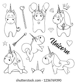 Sketch unicorns with various cute objects isolated on white background. Vector illustration