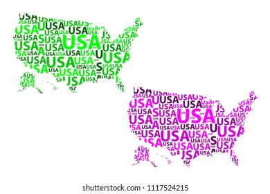 Sketch United States of America letter text map, USA - in the shape of the continent, Map of  USA - green and purple (violet) vector illustration