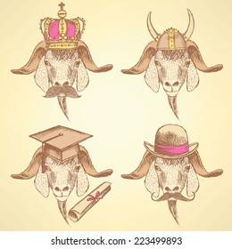 Sketch unusual goats set in vintage style 