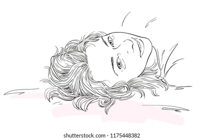 Sketch of upside down portrait of caucasian young woman smiling while laying relaxing, Hand drawn vector illustration