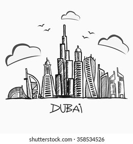 The sketch of urban landscape of Dubai. Vector illustration. Urban background. Quality design illustrations, elements and concept.