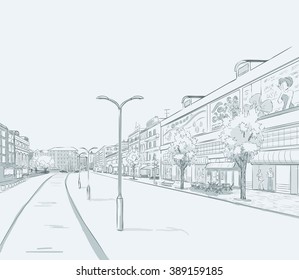 Sketch of urban panorama. Part of city district, shopping street with a lot of shops and storefronts. Minimum color. no gradient. Vector hand drawing.