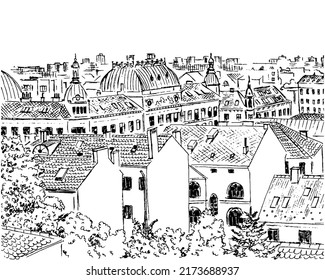 Sketch urban tile roofs in the old city, a top view of the horizon. Architecture vector drawing. Cityscape of Zagreb, capital of Croatia. Line art design for adult or kids coloring book.