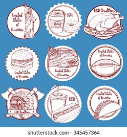Sketch USA icons in vintage style, vector