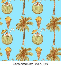 Sketch vacation symbols in vintage style, vector seamless pattern