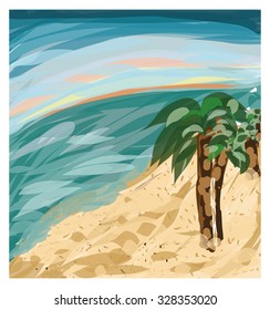 Sketch of Vacations with palm tree and sea