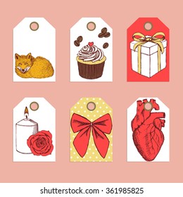 Sketch Valentines tags in vintage style, vector